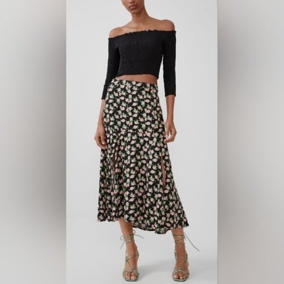 Zara Pink & Black Floral Midi Side Zip Slits Skirt - Picture 1 of 11